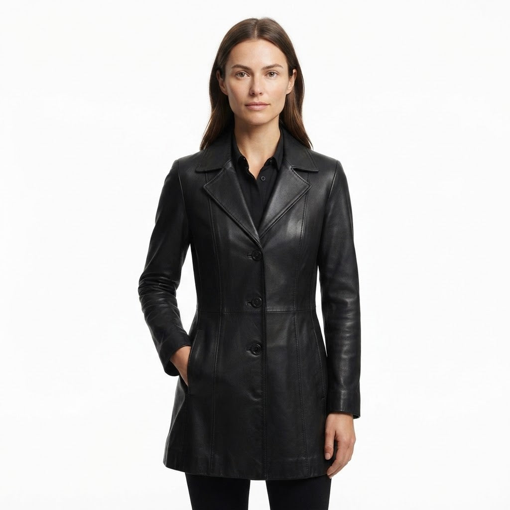 Eliza Pemberton | Faux Leather Mid-Length Tailored Coat