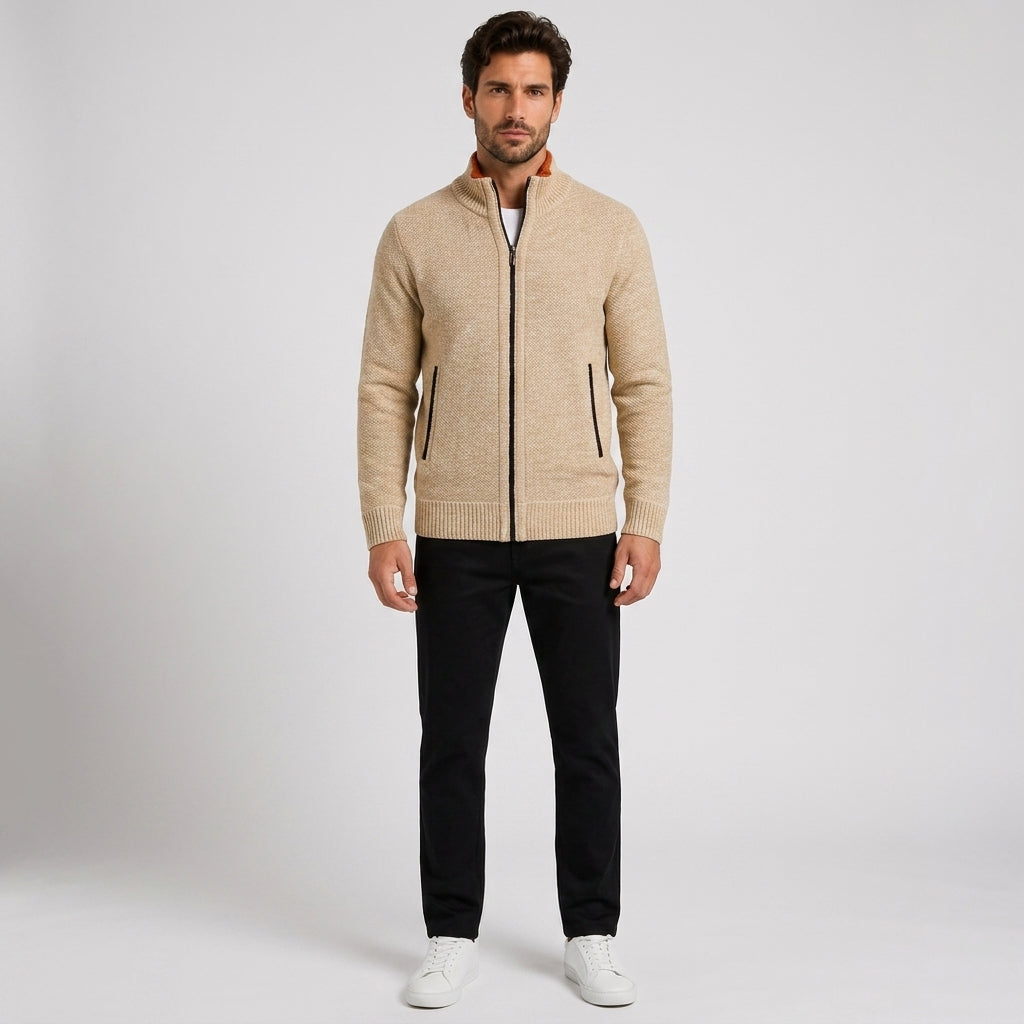 Ellis Clarke | Fleece-Lined Stand Collar Sweater For Men - 6601 Beige