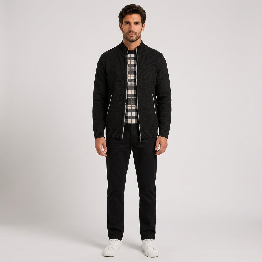 Ellis Clarke | Fleece-Lined Stand Collar Sweater For Men - 6601 Black