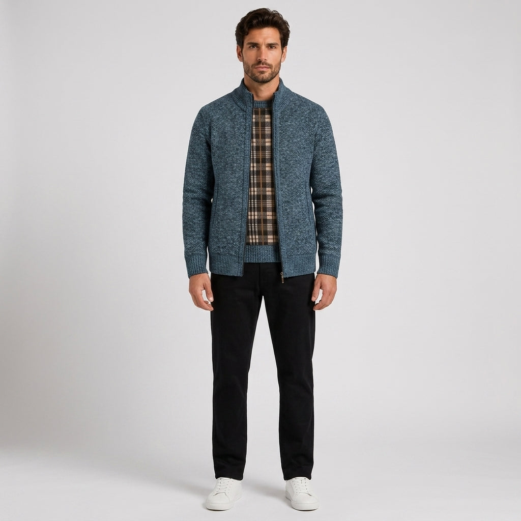 Ellis Clarke | Fleece-Lined Stand Collar Sweater For Men - 6601 Blue Gray