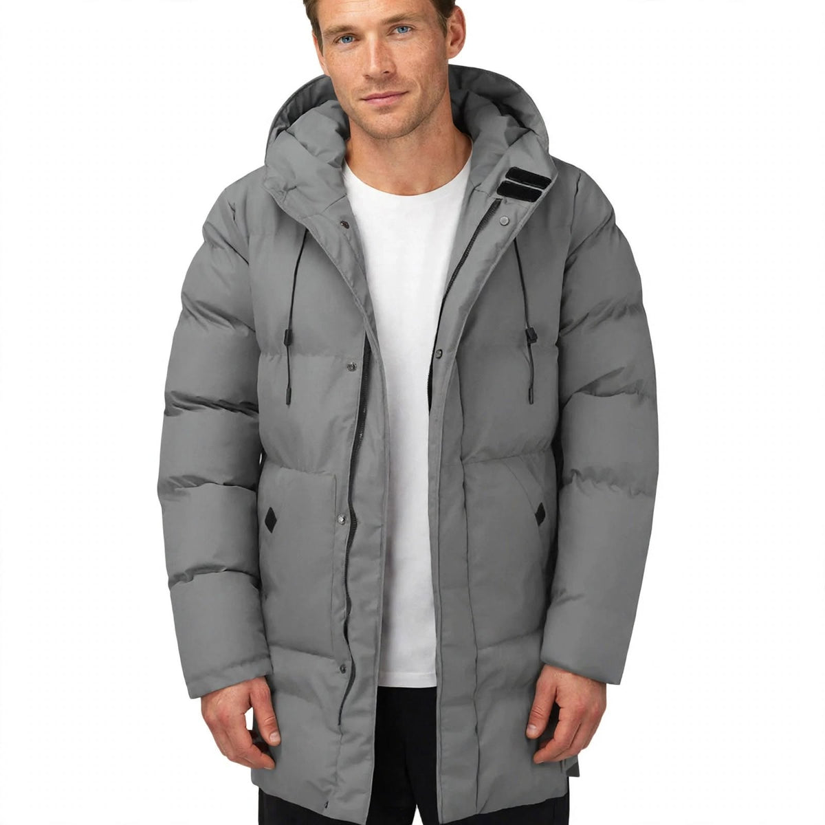 Finlay Winstanley | Grey Quilted Mens Coat With Hood