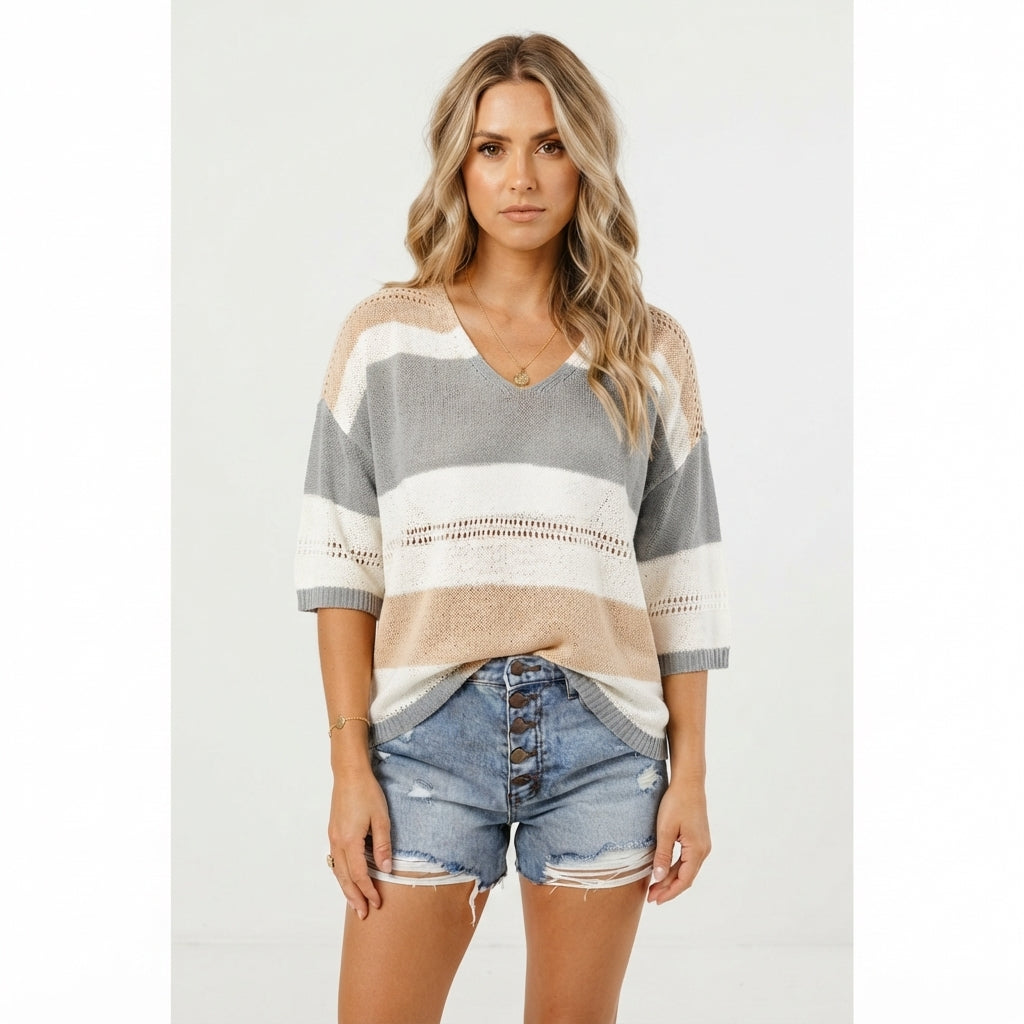 Eloise Redmayne | Relaxed V-Neck Colour-Block Knit Top
