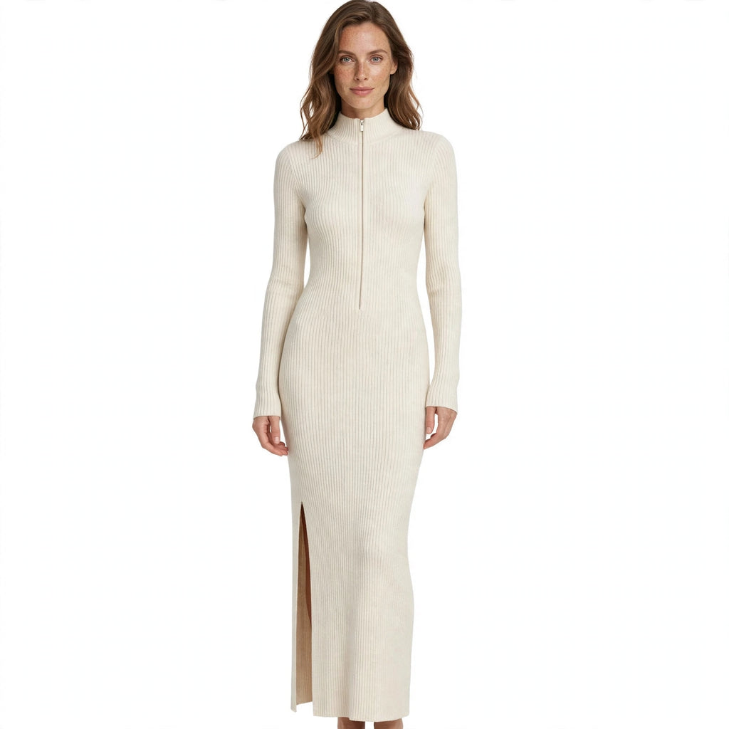 Clara Redmond | Ribbed Knit Zip-Front Midi Dress