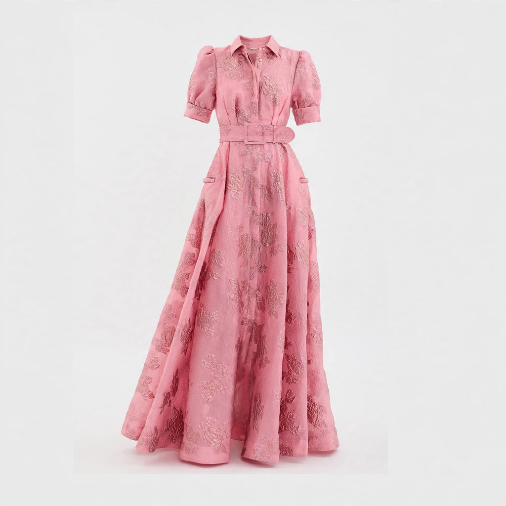 Daisy Fitzgerald | Belted Jacquard Maxi Dress With Puff Sleeves