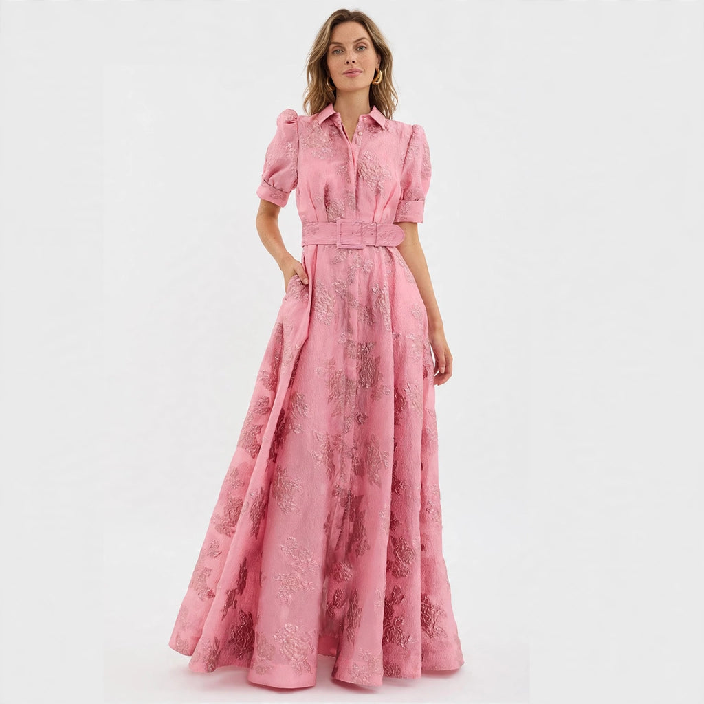 Daisy Fitzgerald | Belted Jacquard Maxi Dress With Puff Sleeves