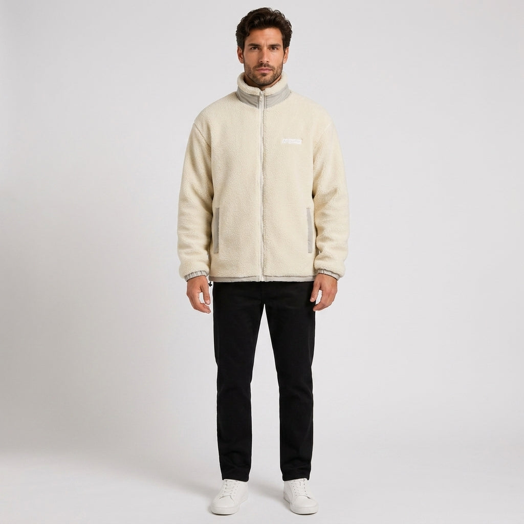 Ewan Fletcher | Sherpa Fleece Mens Jacket with Stand Collar - Beige