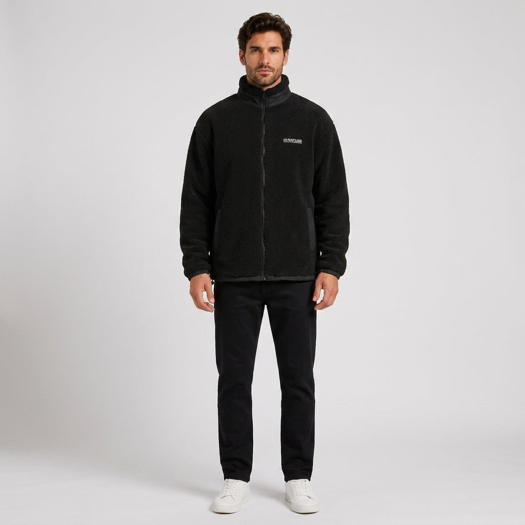Ewan Fletcher | Sherpa Fleece Mens Jacket with Stand Collar - Black