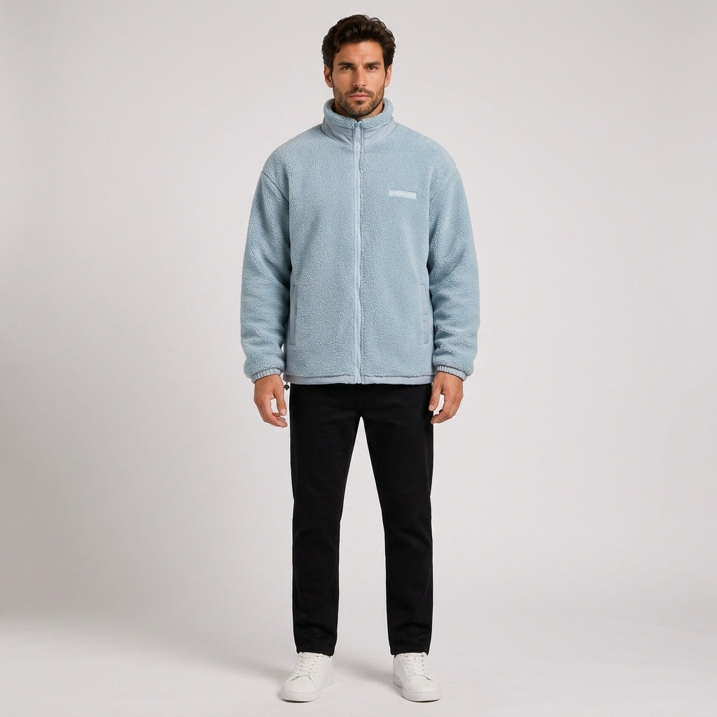 Ewan Fletcher | Sherpa Fleece Mens Jacket with Stand Collar - Fog And Haze Blue