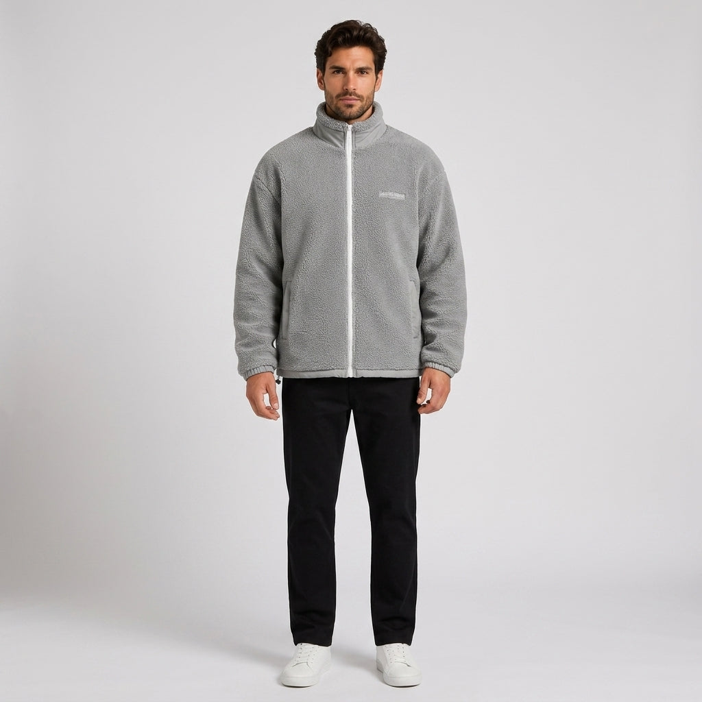 Ewan Fletcher | Sherpa Fleece Mens Jacket with Stand Collar - Gray