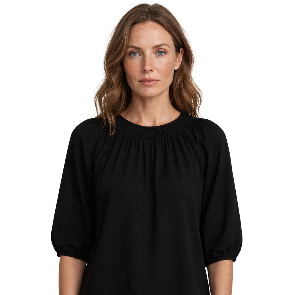 Marianne Osborne | Smocked Round Neck Blouse With Balloon Sleeves
