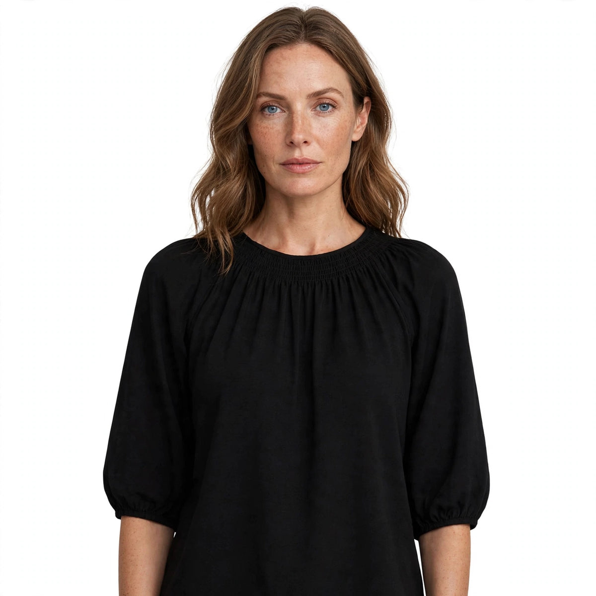 Marianne Osborne | Smocked Round Neck Blouse With Balloon Sleeves