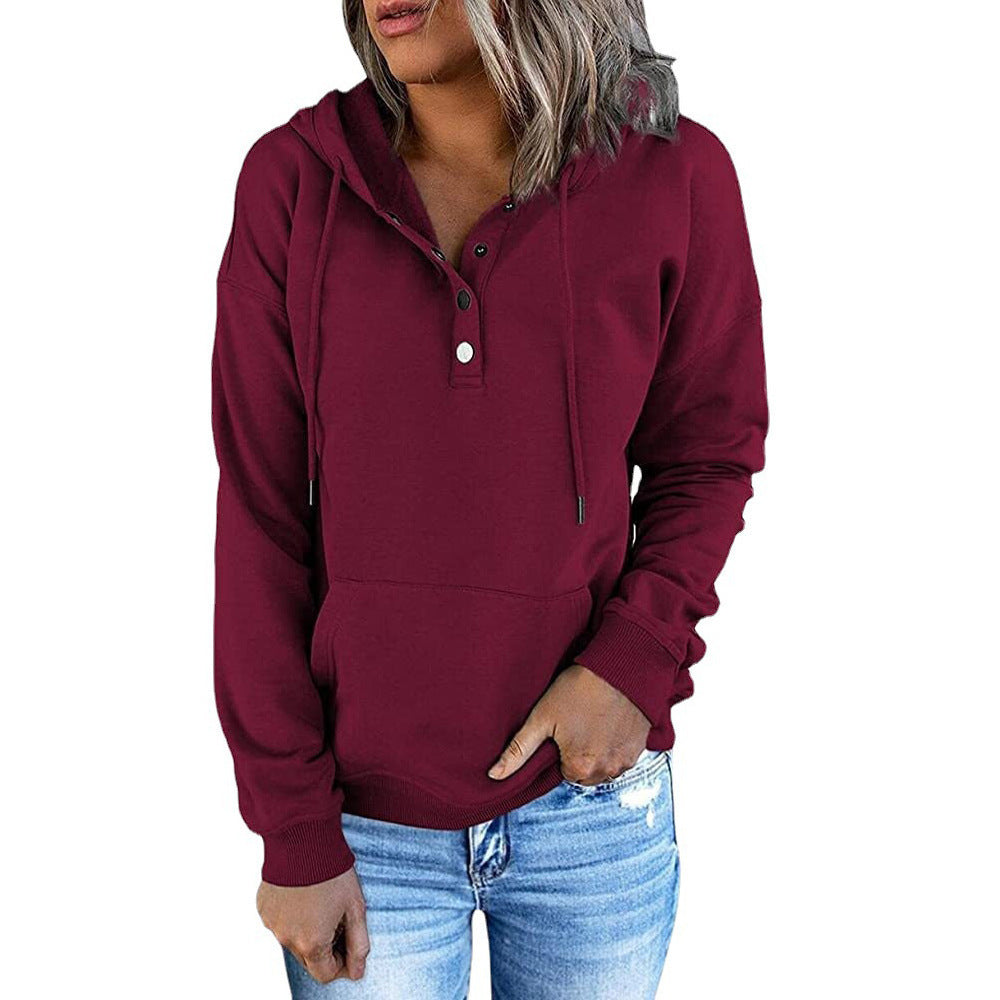 Hattie Marsh | Blue Hooded Button Drawstring Sweatshirt For Women
