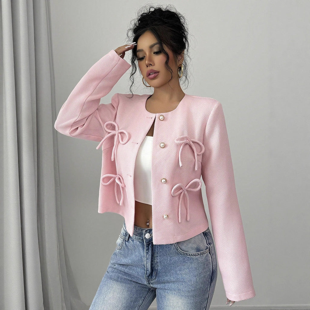 Eleanor Baker | Pink Tweed Bow Cropped Cardigan Jacket