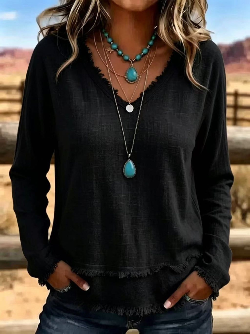 Margot Ainsley | Frayed V-Neck Long Sleeve Top