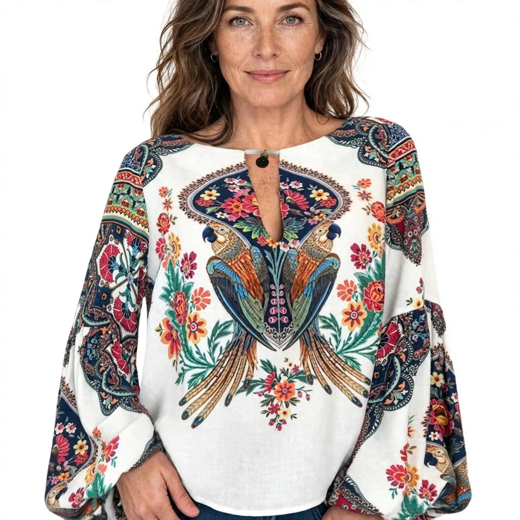 Phoebe Langtree | Bohemian Floral Print Blouse With Keyhole Neckline