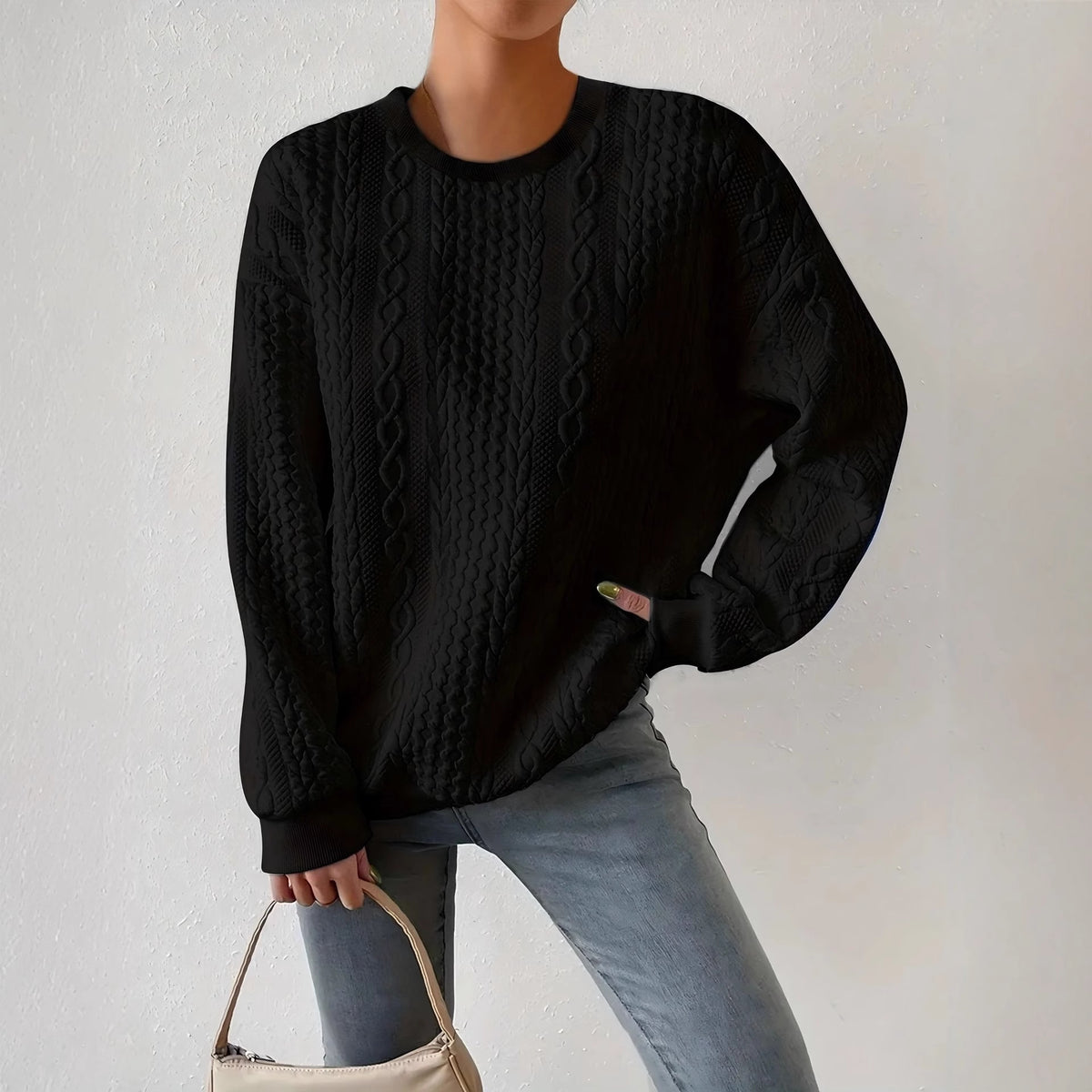 Georgina Wright | White Cable Knit Crew-Neck Sweater
