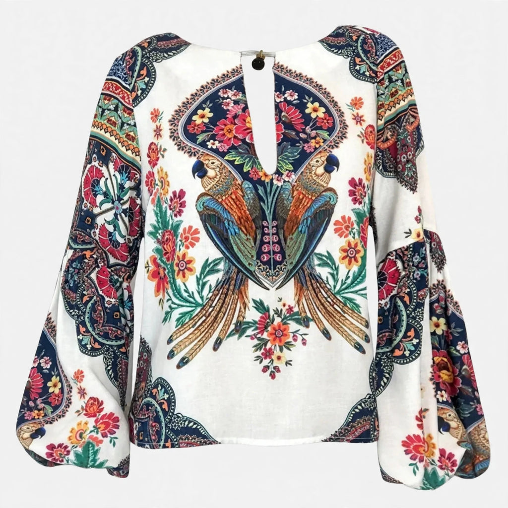 Phoebe Langtree | Bohemian Floral Print Blouse With Keyhole Neckline