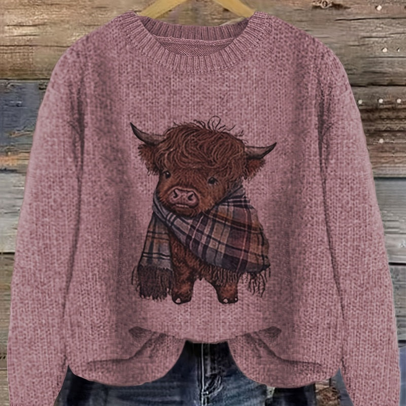 Phoebe Sinclair | Highland Cow Print Chunky Knit Sweater