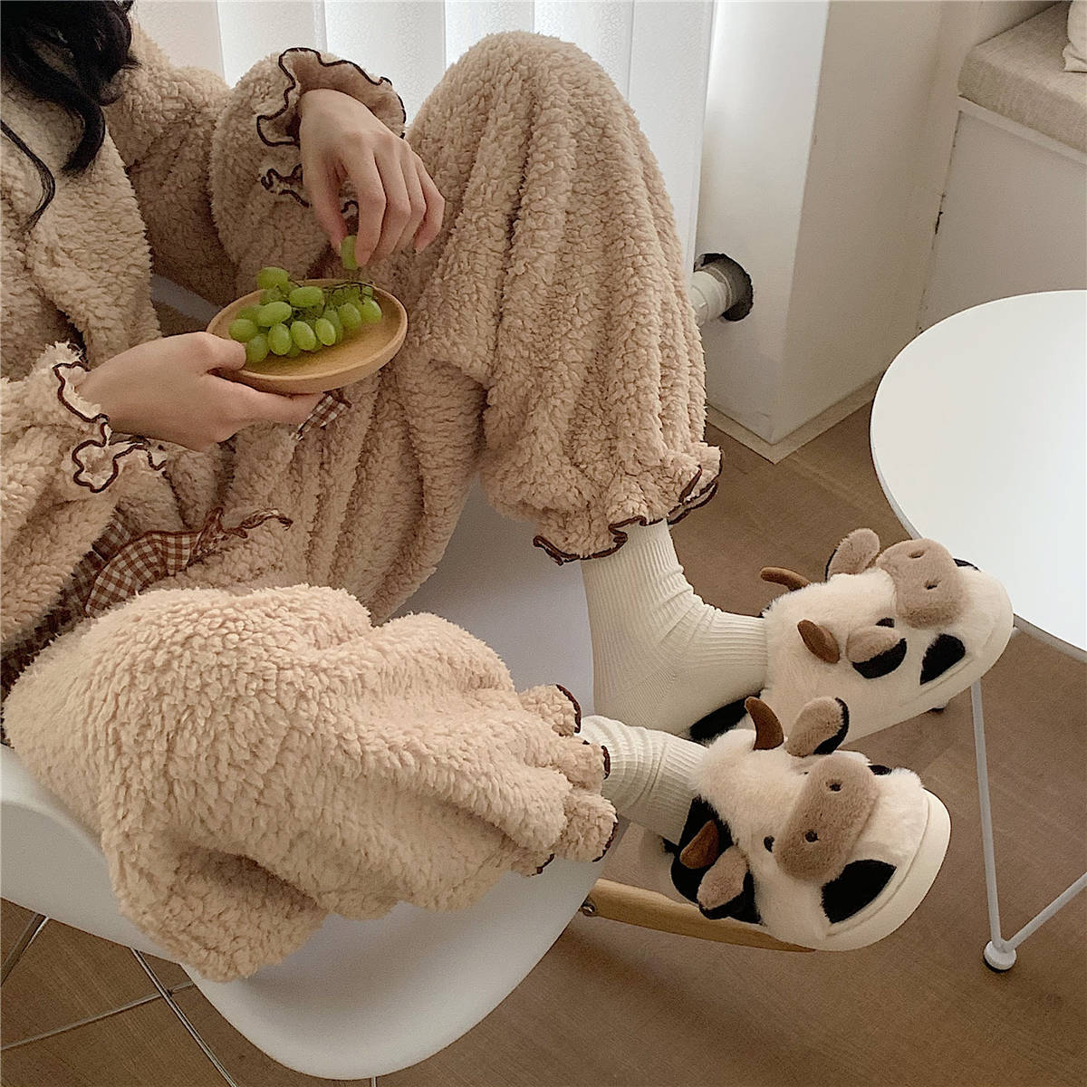 Millicent Hill | Cosy Cow Print Plush Slippers
