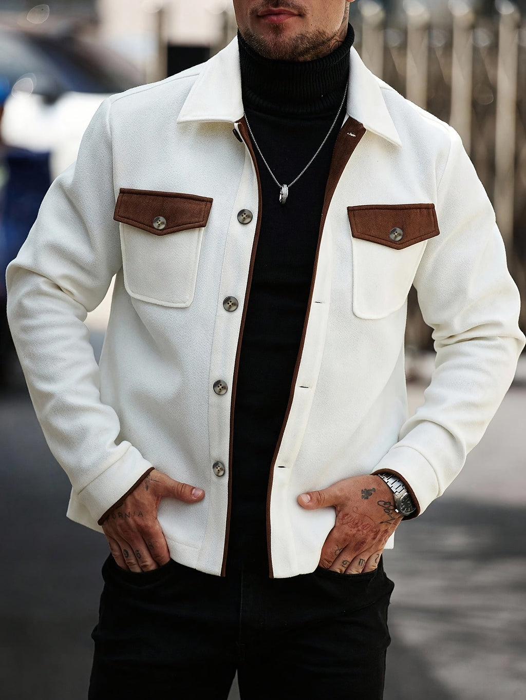 Miles Taylor | Cream Wool-Blend Mens Jacket With Suede Trim