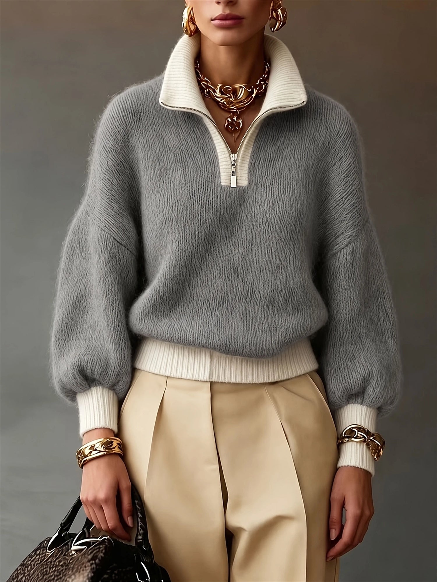 Sophie Davies | Lilac Quarter-Zip Balloon Sleeve Sweater