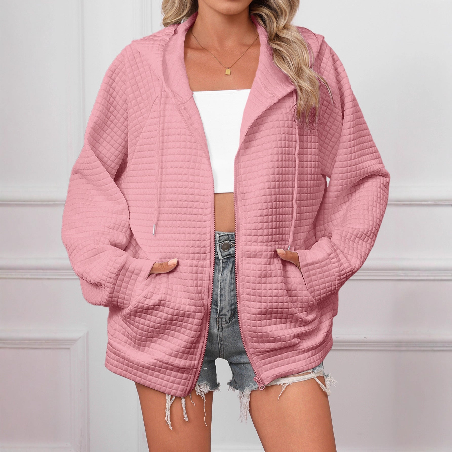 Lucy Barrington | White Textured Zip-Up Hooded Jacket