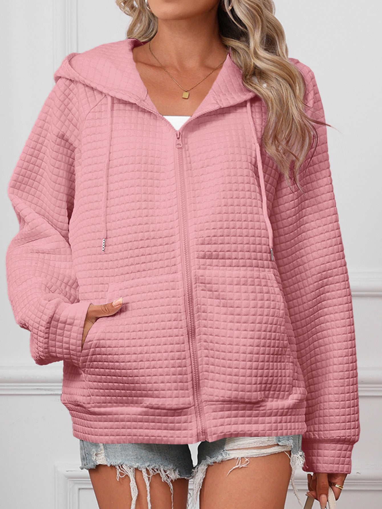 Lucy Barrington | White Textured Zip-Up Hooded Jacket