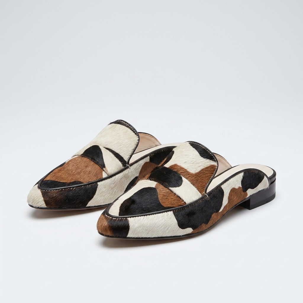 Florence Wilson | Pointed-Toe Animal Print Mule Flats - Black And White Apricot