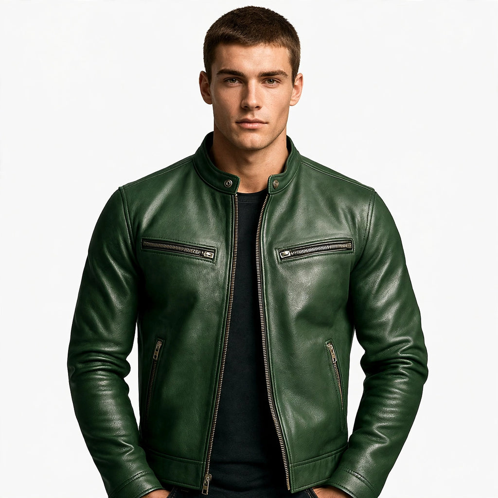 Leonard Wainwright | Green Leather Jacket with Zip Pockets