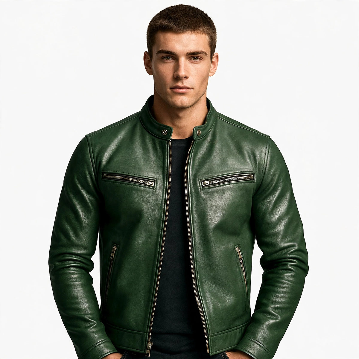 Leonard Wainwright | Green Leather Jacket with Zip Pockets