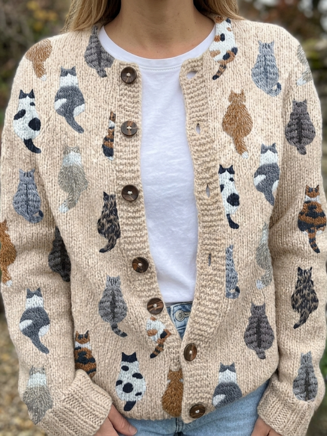 Cecilia Thorpe | Cat Print Button-Front Cardigan