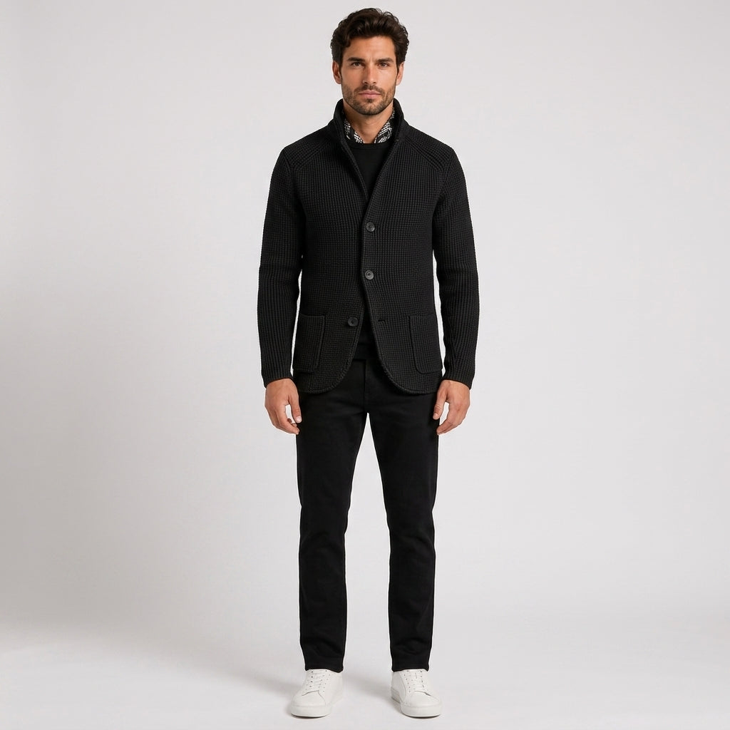 George White | Olive Waffle-Knit Button-Front Sweater For Men - Black