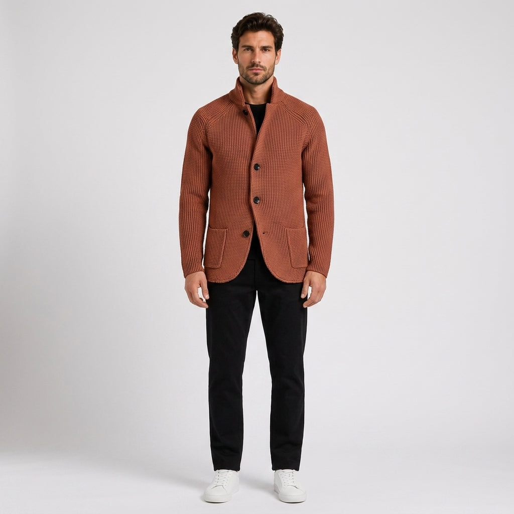 George White | Olive Waffle-Knit Button-Front Sweater For Men - Brown
