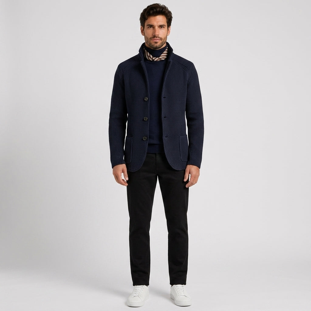 George White | Olive Waffle-Knit Button-Front Sweater For Men - Dark Blue