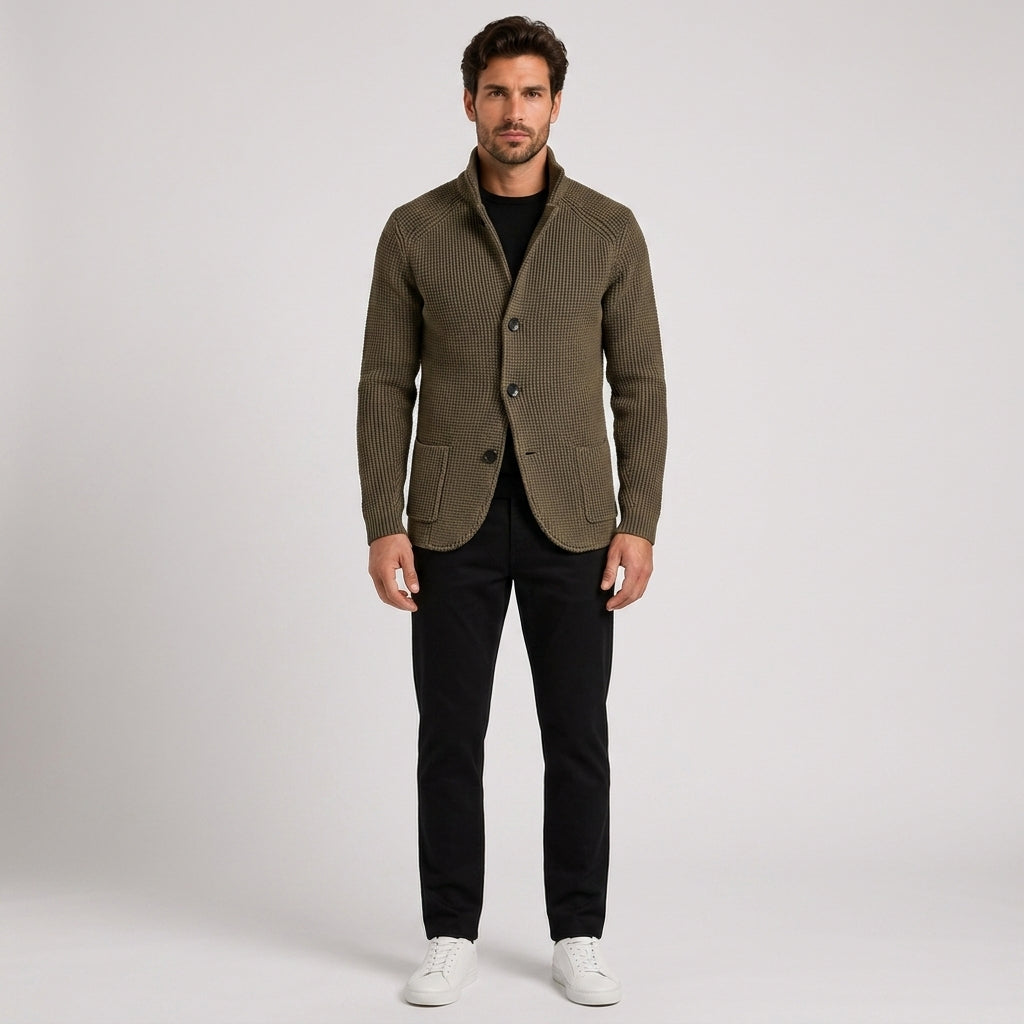 George White | Olive Waffle-Knit Button-Front Sweater For Men - Dark Gray