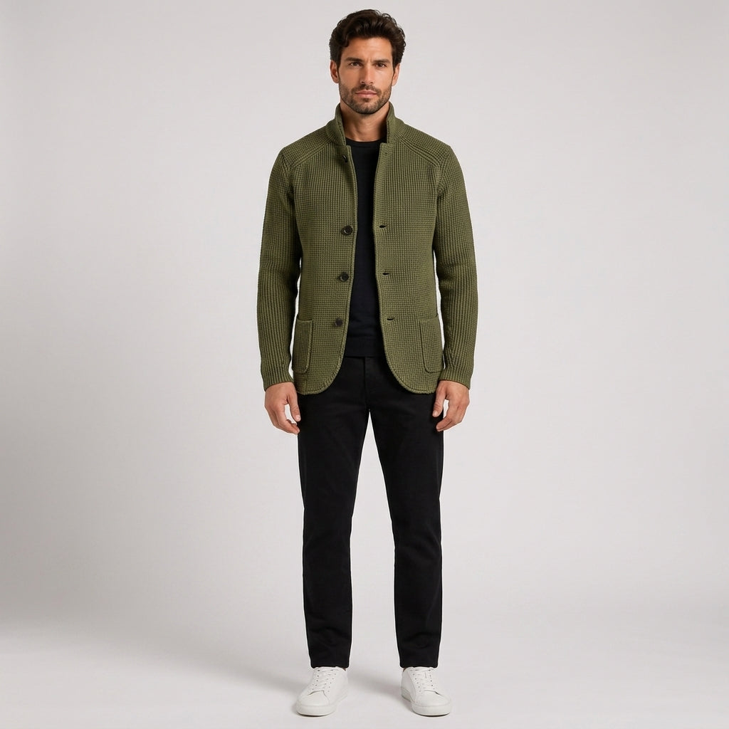 George White | Olive Waffle-Knit Button-Front Sweater For Men - Green