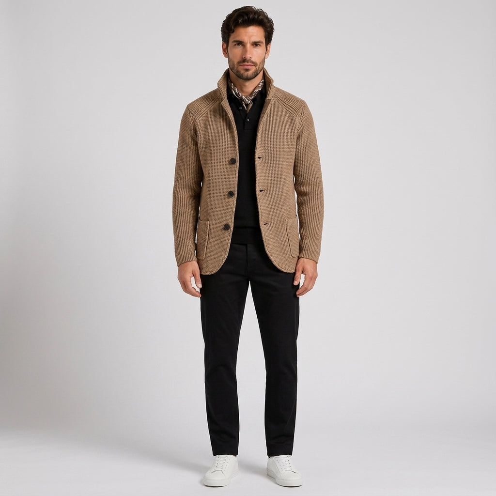 George White | Olive Waffle-Knit Button-Front Sweater For Men - Khaki