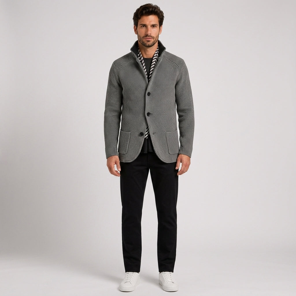 George White | Olive Waffle-Knit Button-Front Sweater For Men - Light Gray