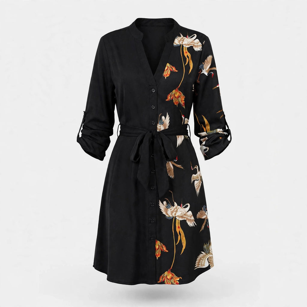 Juliet Marsden | Crane Print Belted Shirt Dress
