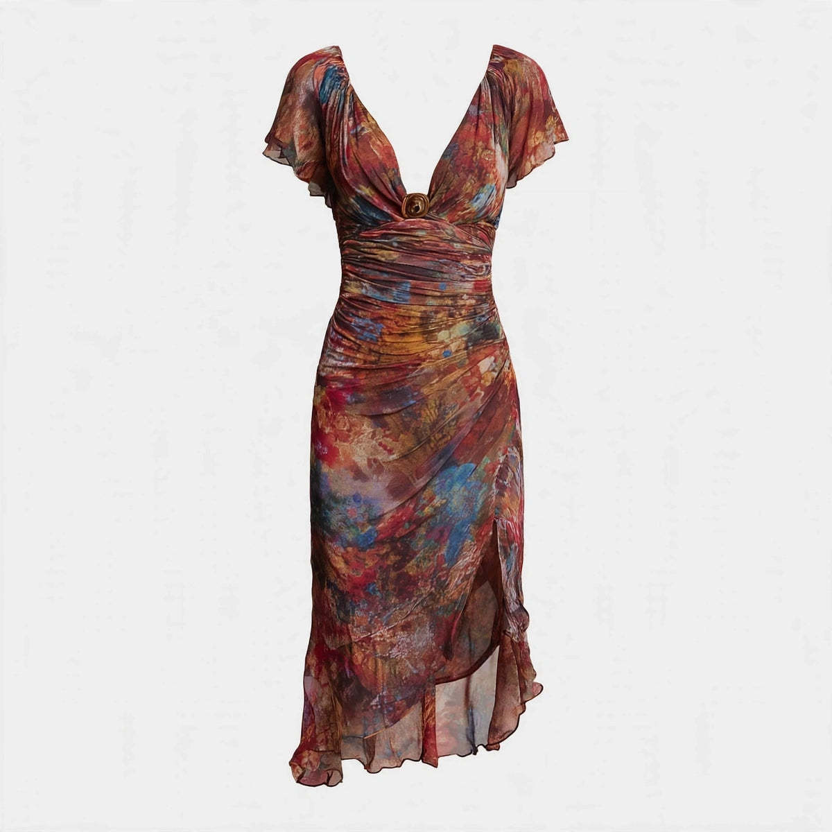 Olivia Pryce | Printed Ruched Midi Dress With Thigh Slit