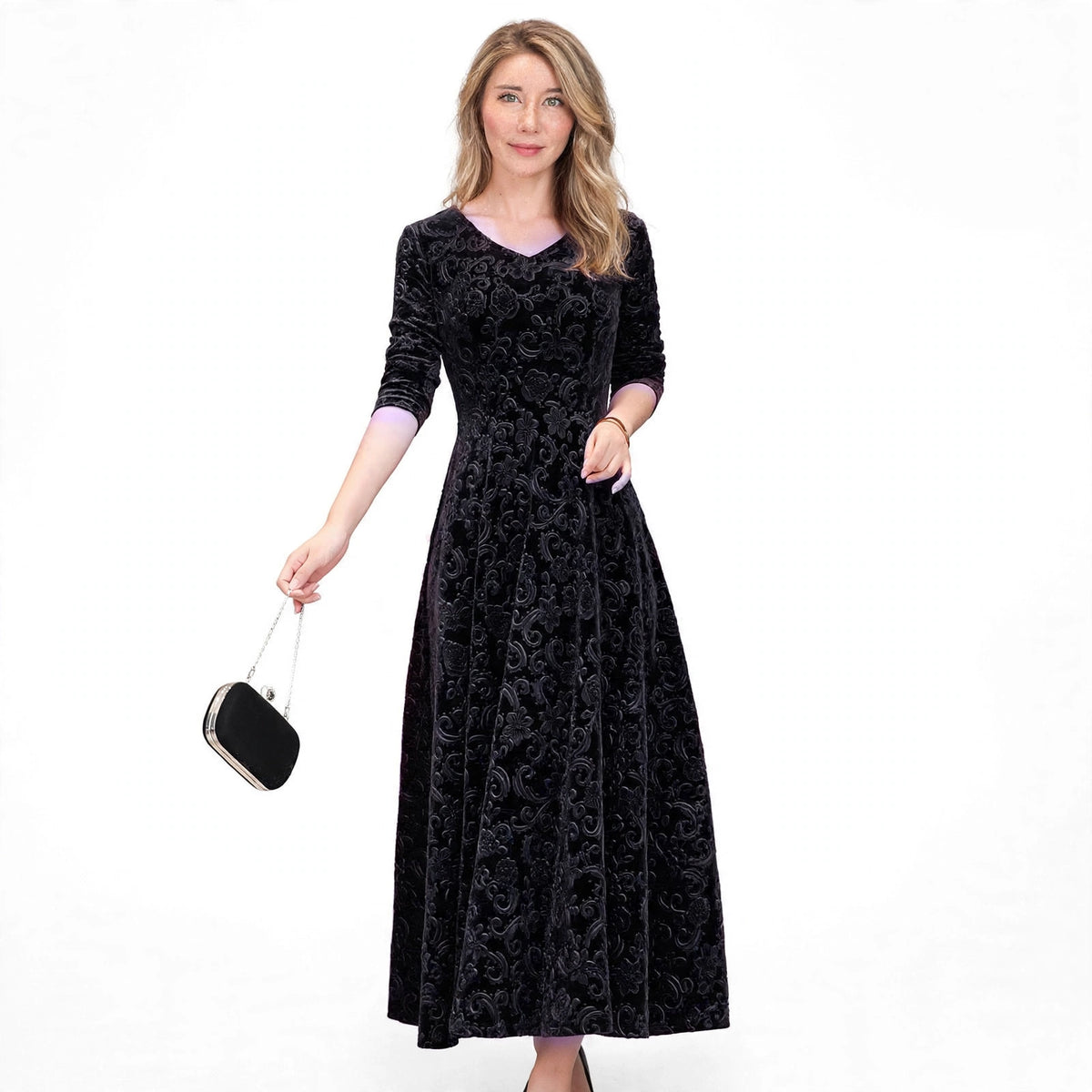 Alice Redmond | Embossed Velvet Maxi Dress With Long Sleeves