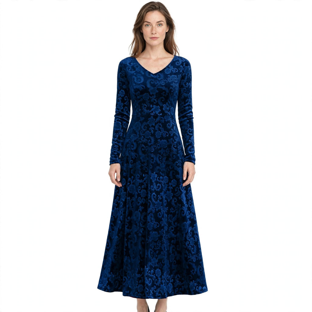 Alice Redmond | Embossed Velvet Maxi Dress With Long Sleeves