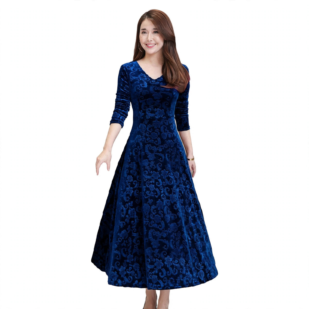 Alice Redmond | Embossed Velvet Maxi Dress With Long Sleeves