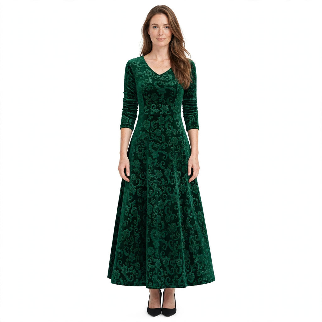 Alice Redmond | Embossed Velvet Maxi Dress With Long Sleeves