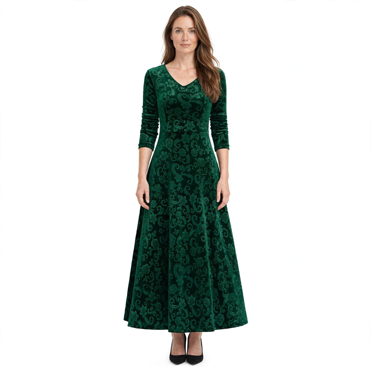 Alice Redmond | Embossed Velvet Maxi Dress With Long Sleeves