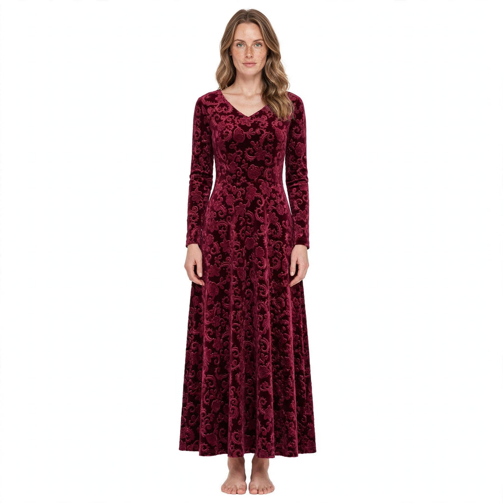 Alice Redmond | Embossed Velvet Maxi Dress With Long Sleeves
