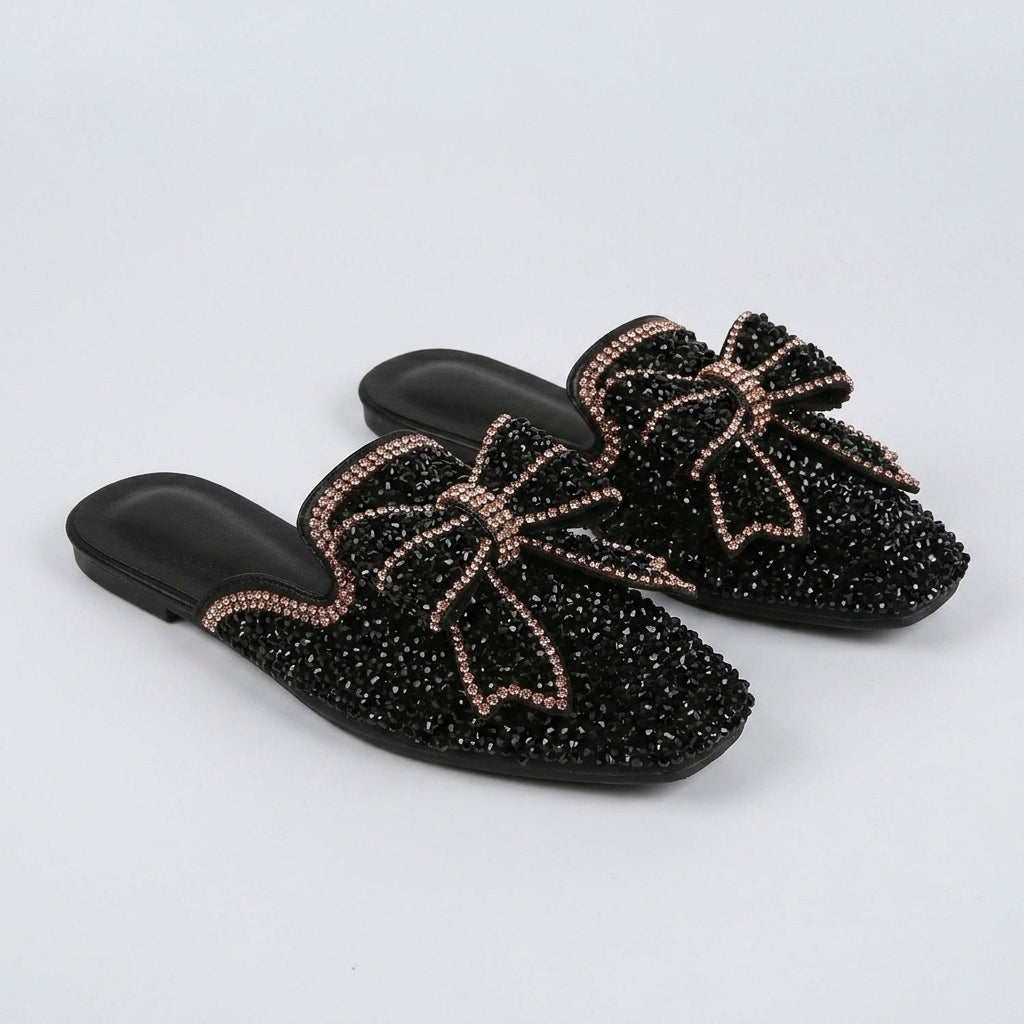 Georgina Williams | Rhinestone Bow Detail Slippers - Black