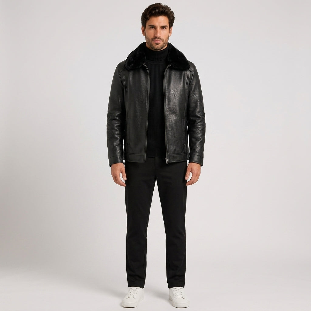 Graham Evans | Leather Jacket with Faux Fur Collar - Black