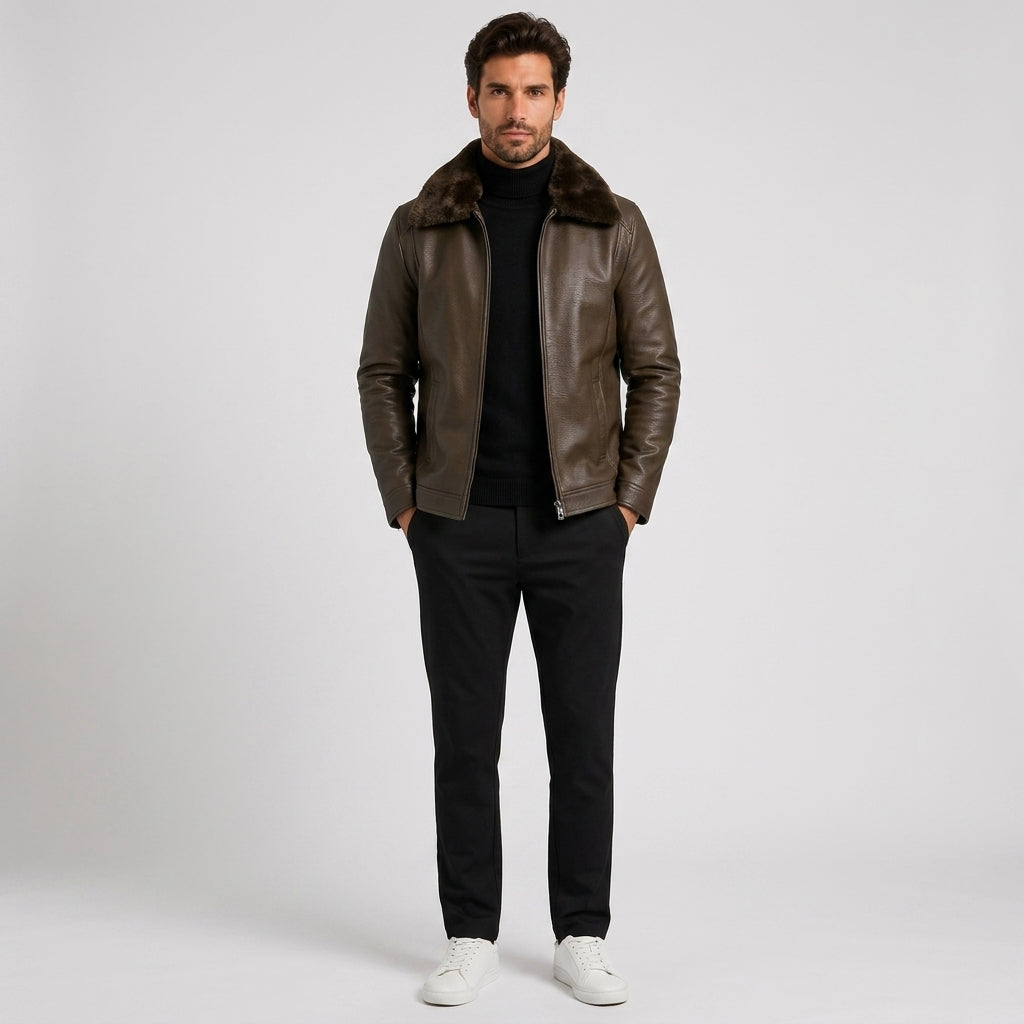 Graham Evans | Leather Jacket with Faux Fur Collar - Brown