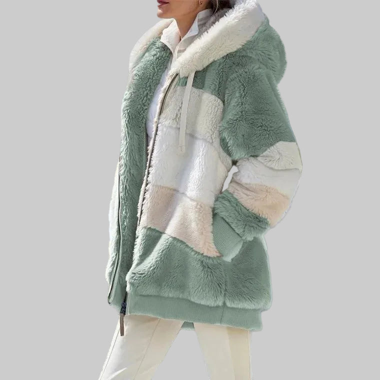 Hooded Winter Jacket with Full Zip Front and Colour Block Design
